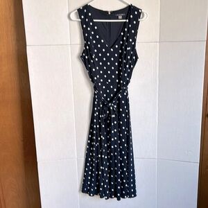 Tommy Hilfiger Sleeveless V-neck, Navy Dress with White Polka Dots, Size 8